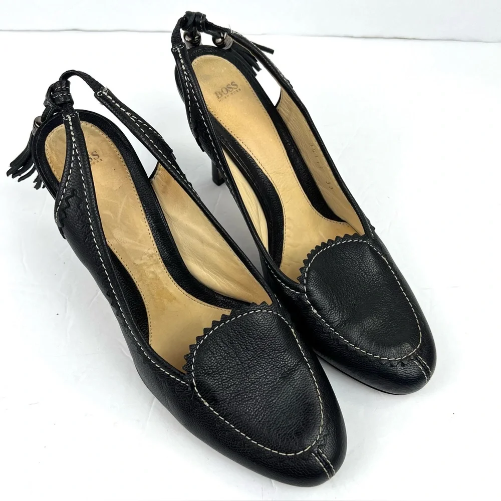 Hugo Boss Tassel Fringe Trim Leather Heels 39/8.0 Black Designer Quiet Luxury - Picture 4 of 17
